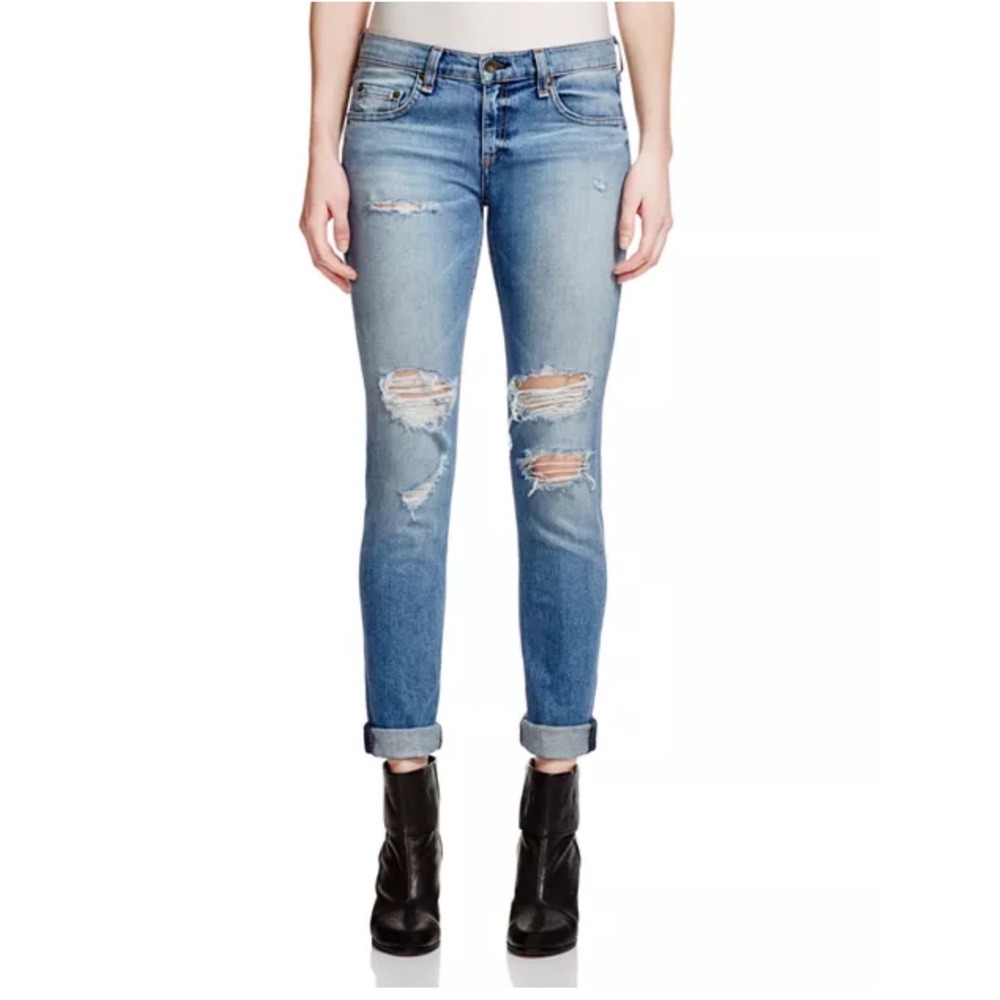 Rag & Bone Dre Low-Rise BoyfriendThe Dre Distressed Shredded Knee‎ Blue Size 28